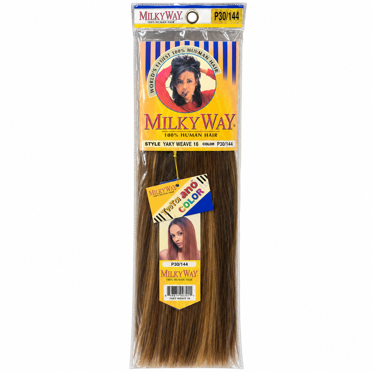 Milky Way Yaky 100% Human Hair Weave retail package — 16 inches, color P30/144