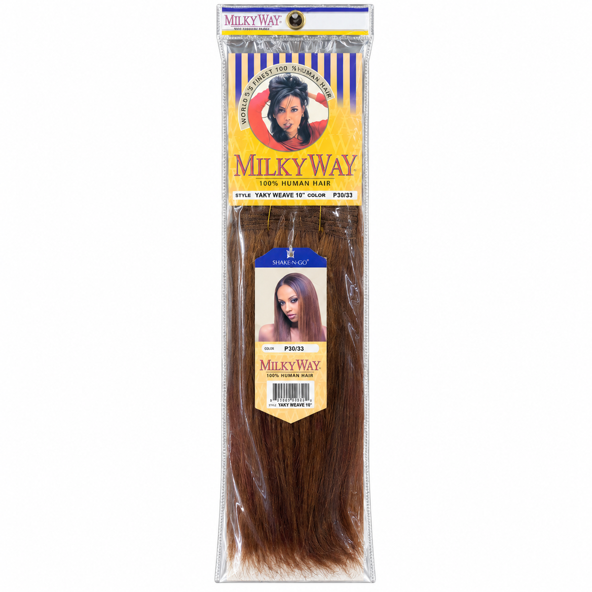 Milky Way Yaky 100% Human Hair Weave retail package — 10 inches, color P30/33