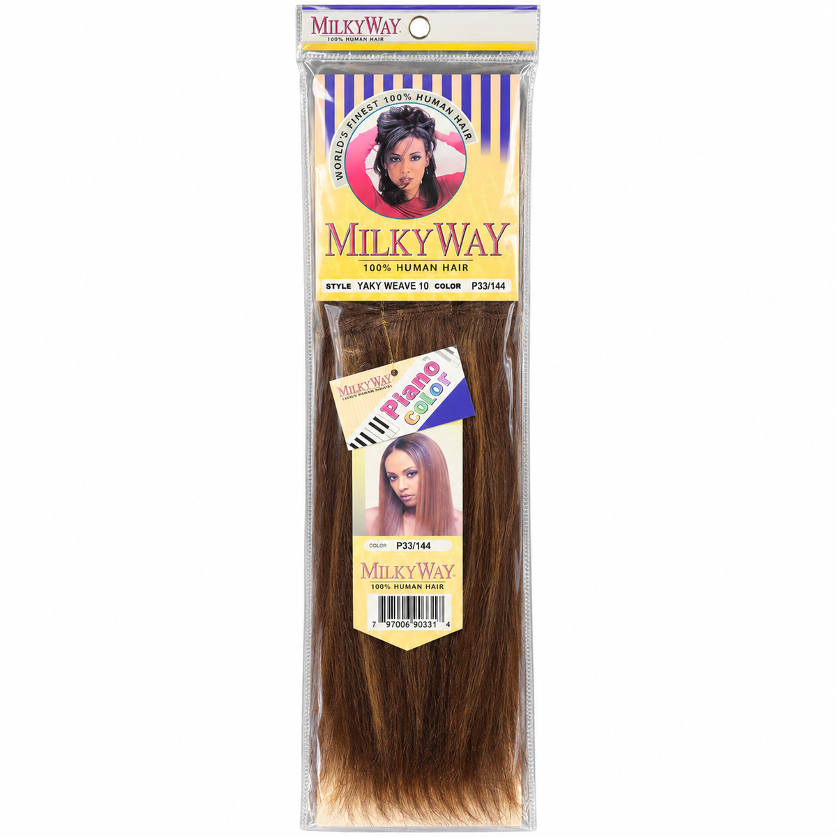 Milky Way Yaky 100% Human Hair Weave retail package — 10 inches, color P33/144