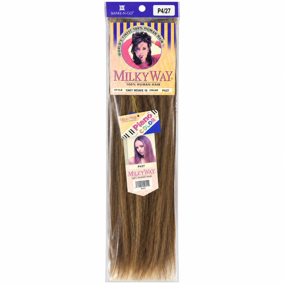 Milky Way Yaky 100% Human Hair Weave retail package — 16 inches, color P4/27