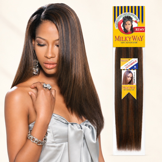 Milky Way Yaky 100% human hair weave official model and matching retail package on a cream background