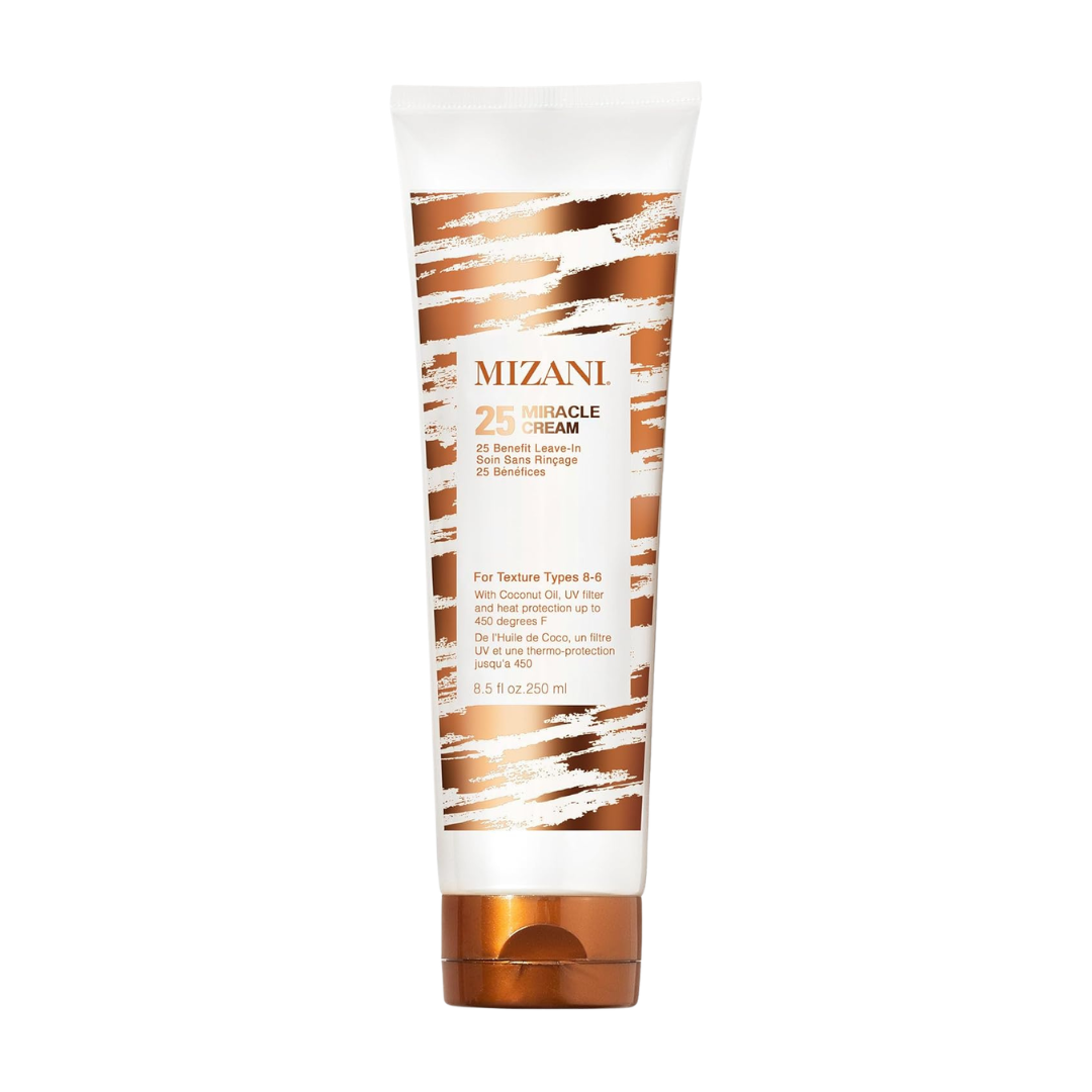 A squeeze tube of Mizani 25% Miracle Cream on a solid white background. The tube is white with metallic bronze and gold abstract brushstroke patterns and features a metallic bronze cap.