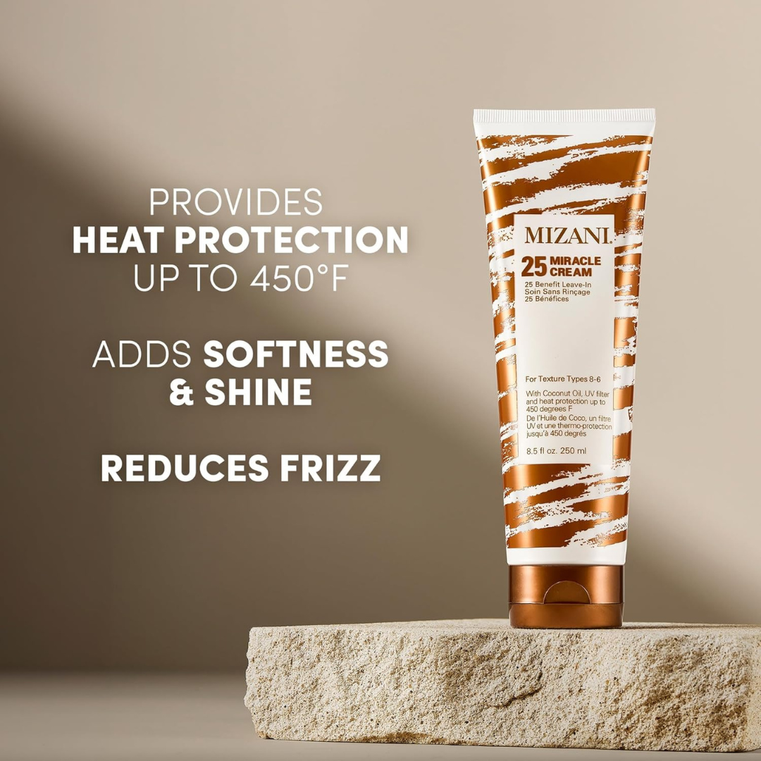 A squeeze tube of Mizani 25 Miracle Cream hair protectant stands on a textured stone slab against a warm beige background. Large text on the left reads: 'PROVIDES HEAT PROTECTION UP TO 450°F', 'ADDS SOFTNESS & SHINE', and 'REDUCES FRIZZ'.