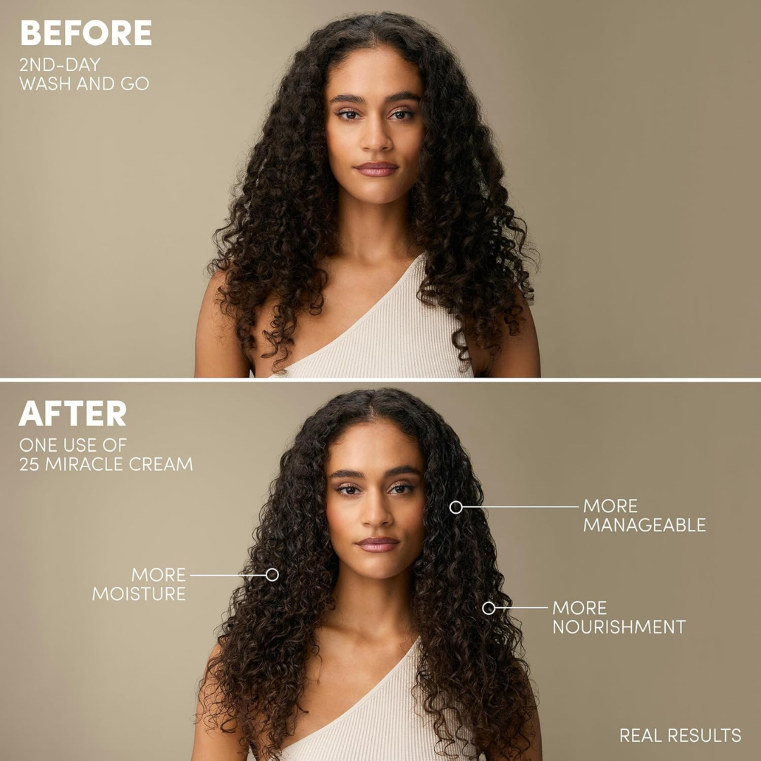 Before and after comparison of hair care product on a woman with curly hair.
