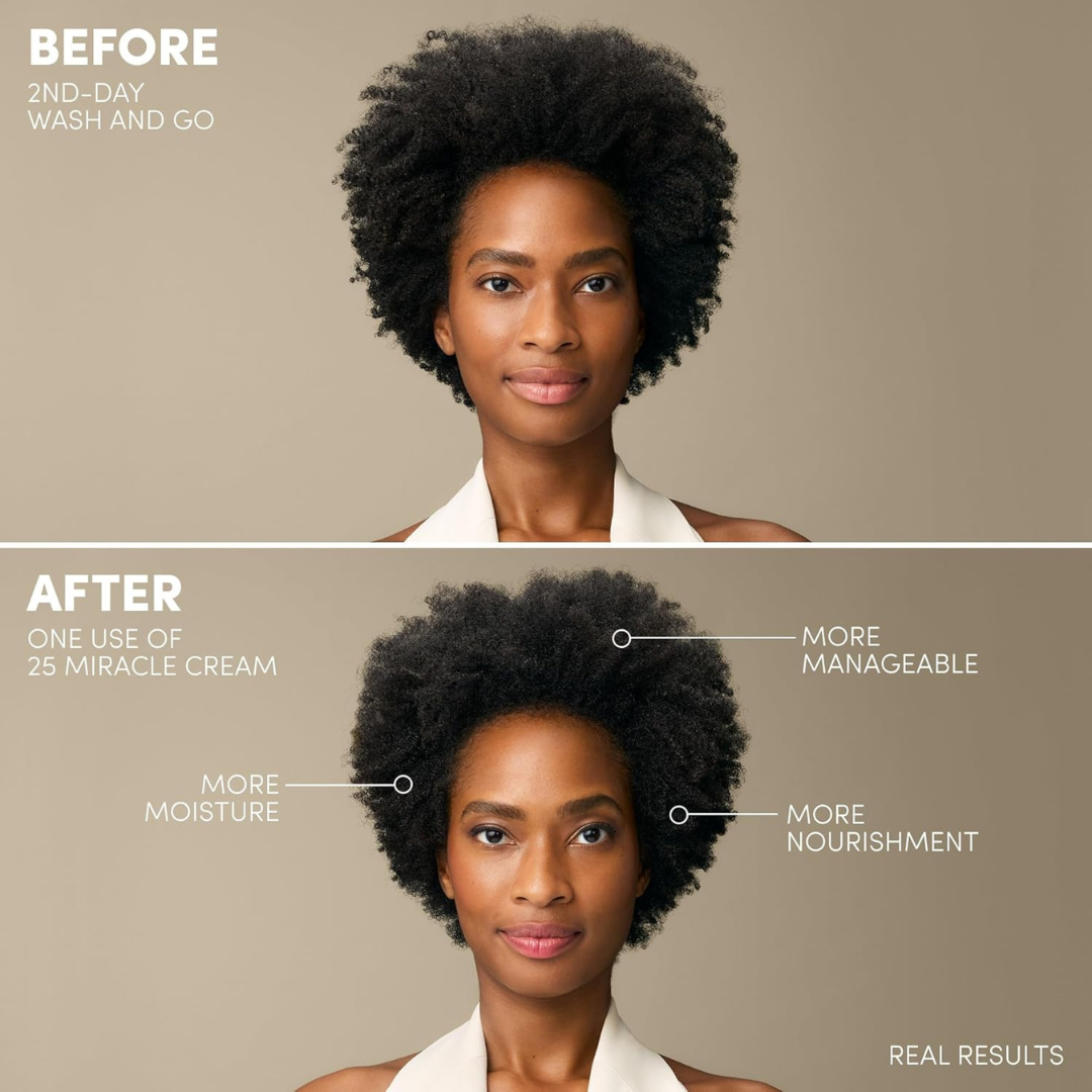 Before and after comparison of hair care product on a woman's hair with text labels.