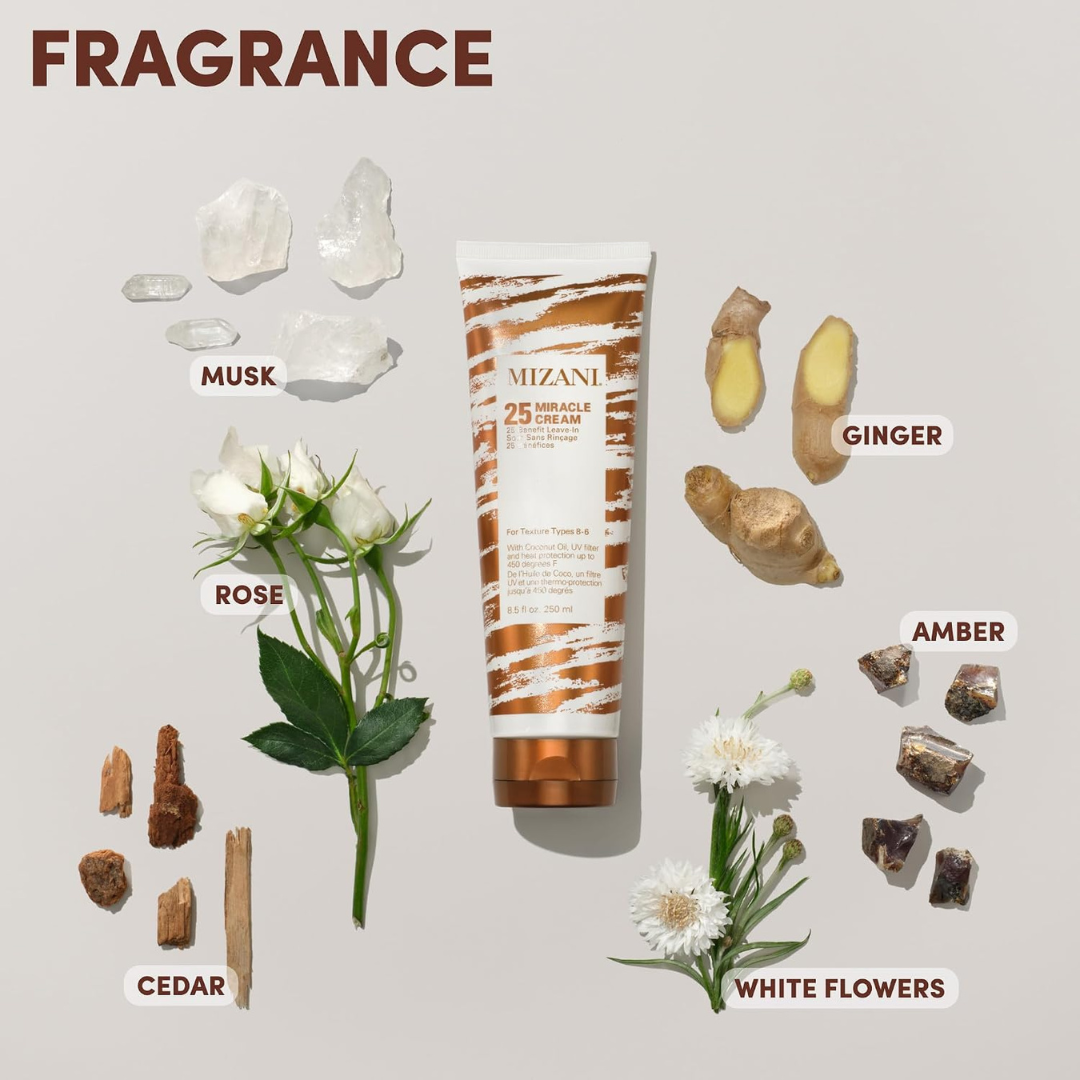 Mizani 25 Organic Dream Sea Sweet Sandalwood body lotion tube centered on a light beige background, surrounded by labeled natural ingredients and botanicals: musk, ginger, amber, cedar, white flowers, rose, and crystals. The word FRAGRANCE appears at the top.