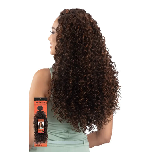 Model Model Embrace Mastermix Tahiti Curl Weave 24 Inch — model wearing long Tahiti curls, back view
