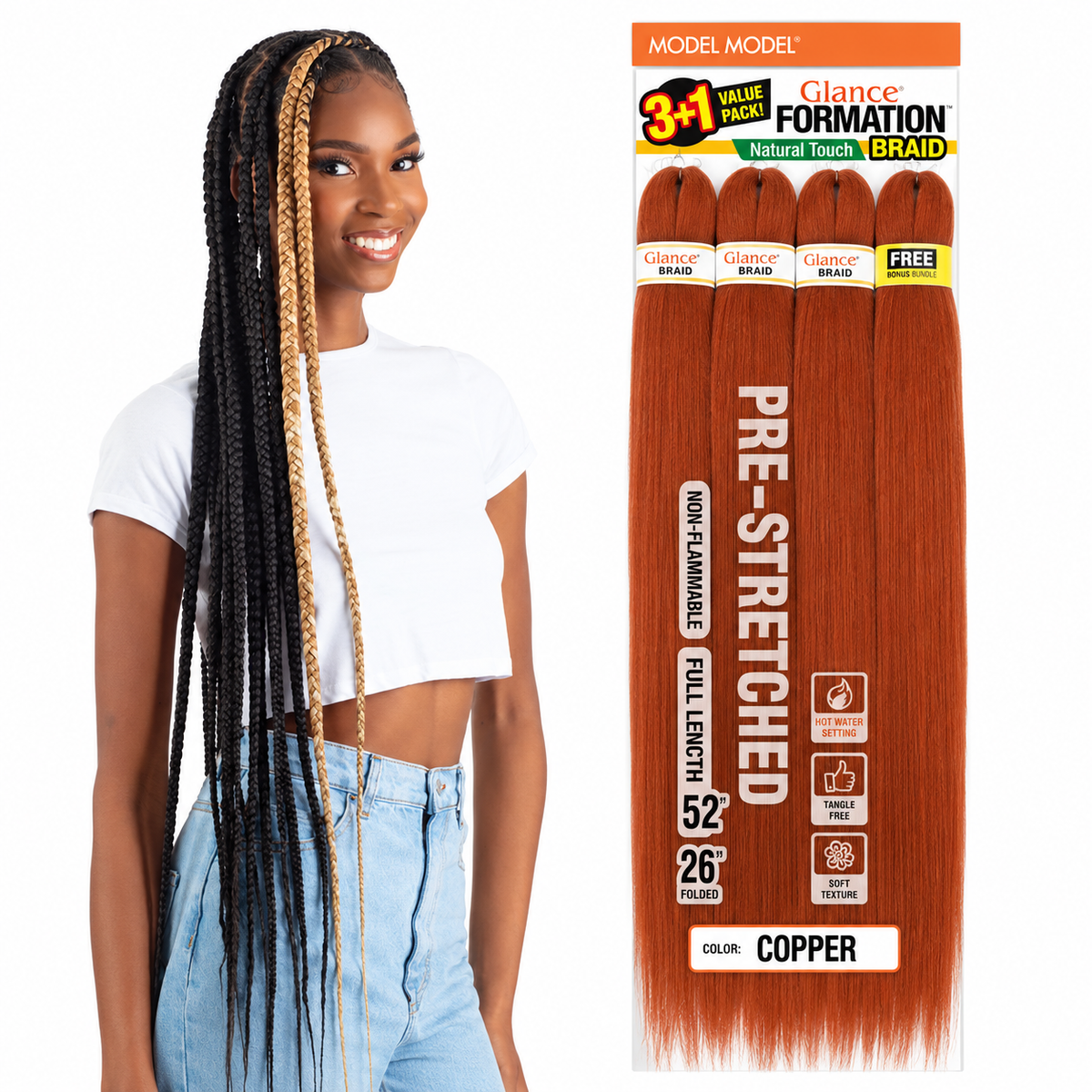 Model Model Glance 4X Formation Natural Touch Braid 26" — model beside full retail package