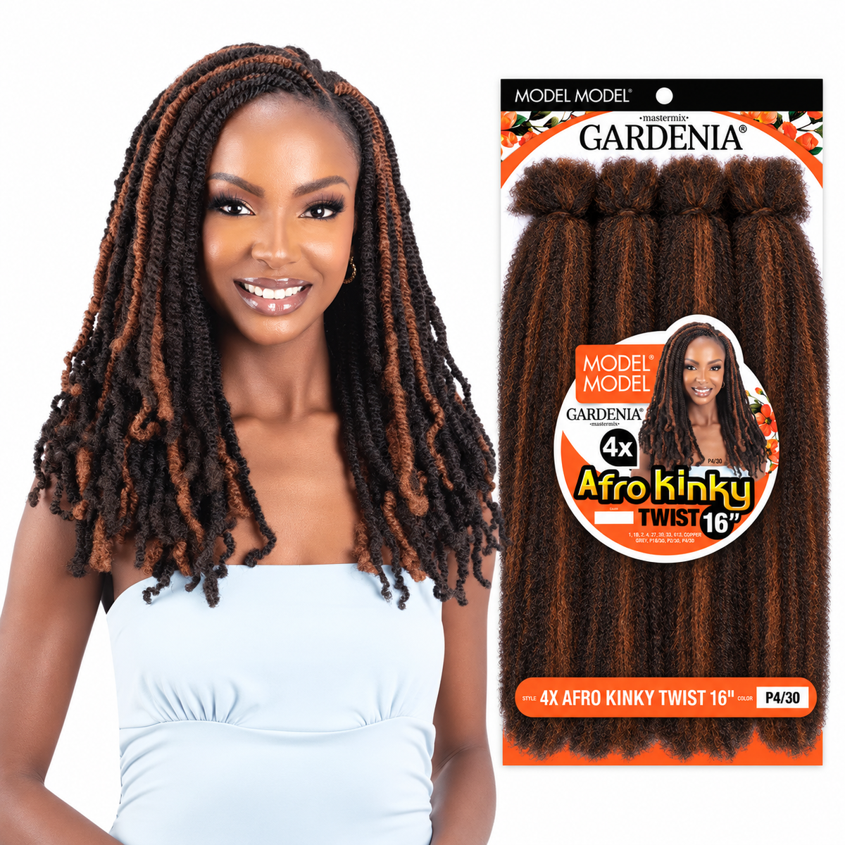 Model Model Gardenia 4X Afro Kinky Twist 16-inch - manufacturer model beside P4/30 package