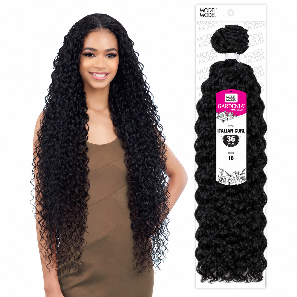 Model Model Gardenia Italian Curl 36-inch manufacturer model beside color 1B full package