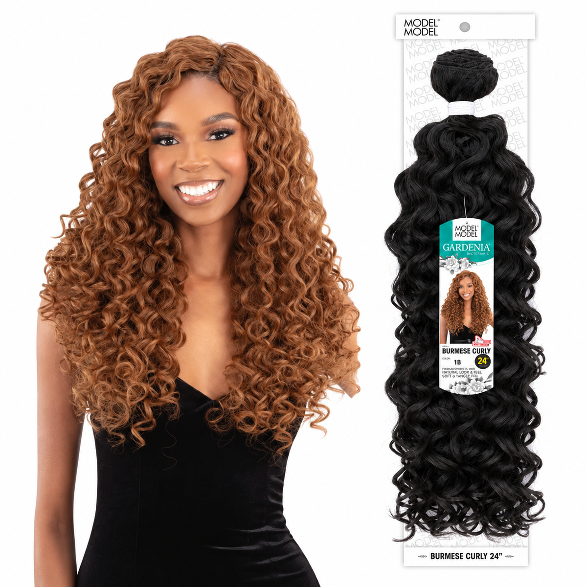 Model Model Gardenia Burmese Curly Weave 24" manufacturer model beside full retail package