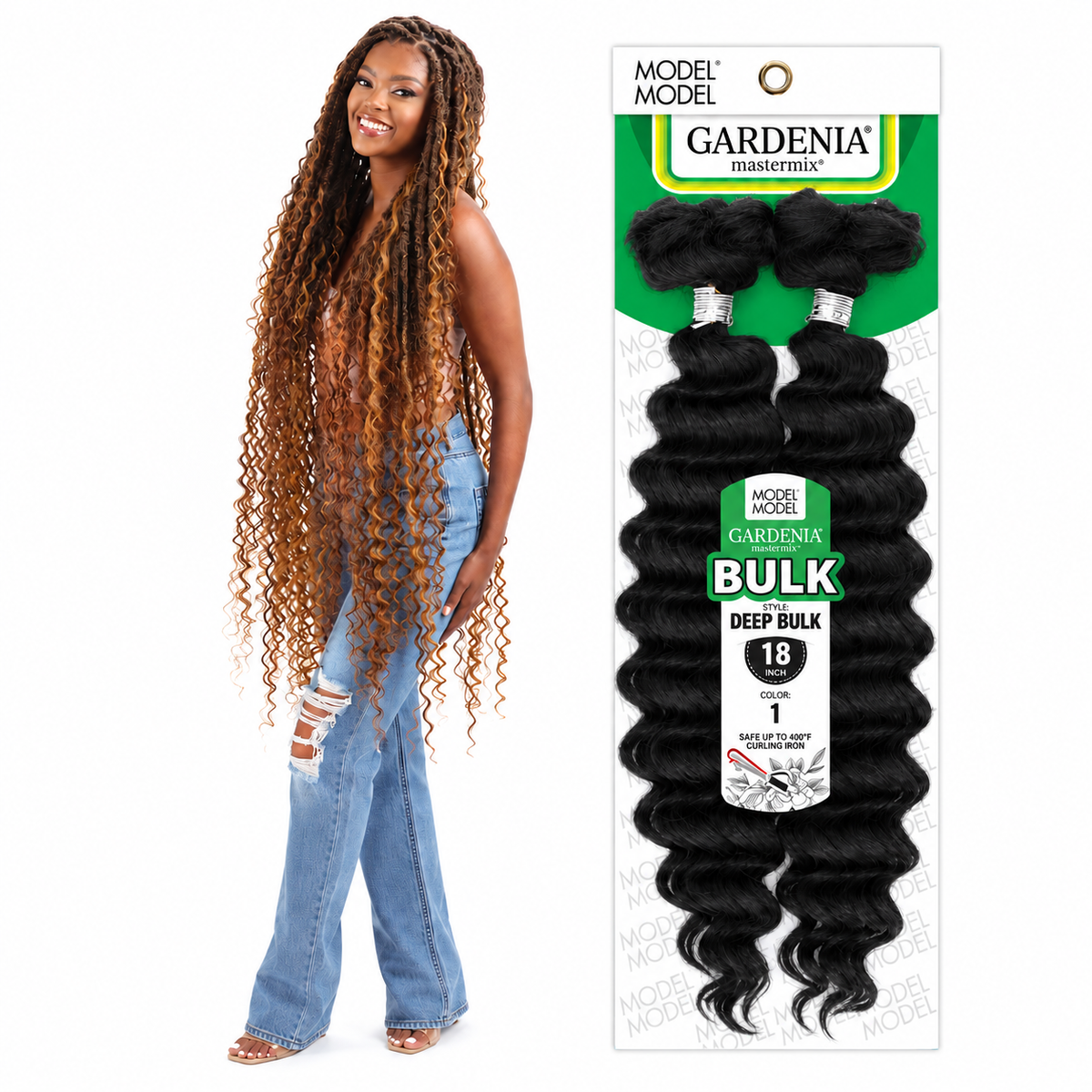 Model Model Gardenia Mastermix Deep Bulk Braiding Hair 18" manufacturer model beside full retail package