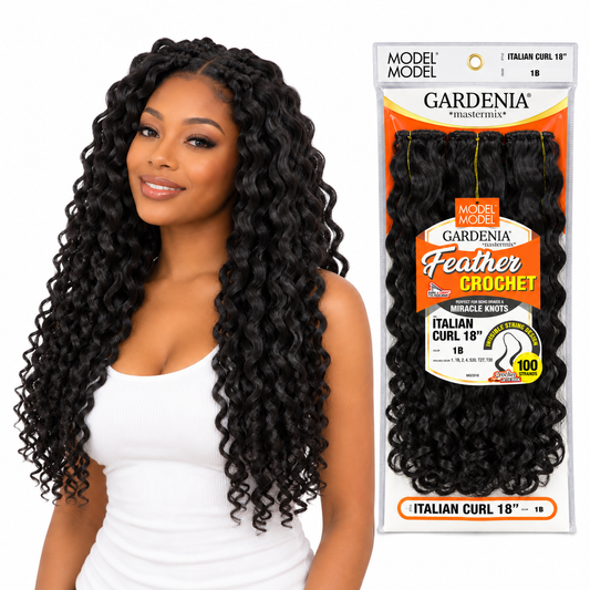 Model Model Gardenia Feather Crochet Italian Curl 18-inch AI styling example beside color 1B full package