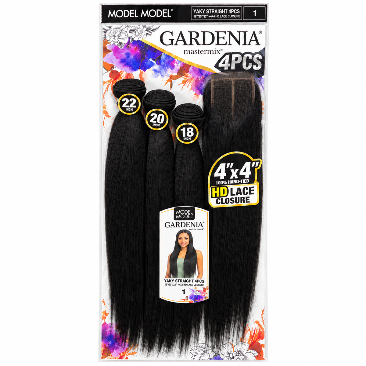 Model Model Gardenia Yaky Straight 4PCS 18/20/22 inches with 4x4 HD lace closure — full retail package in color 1