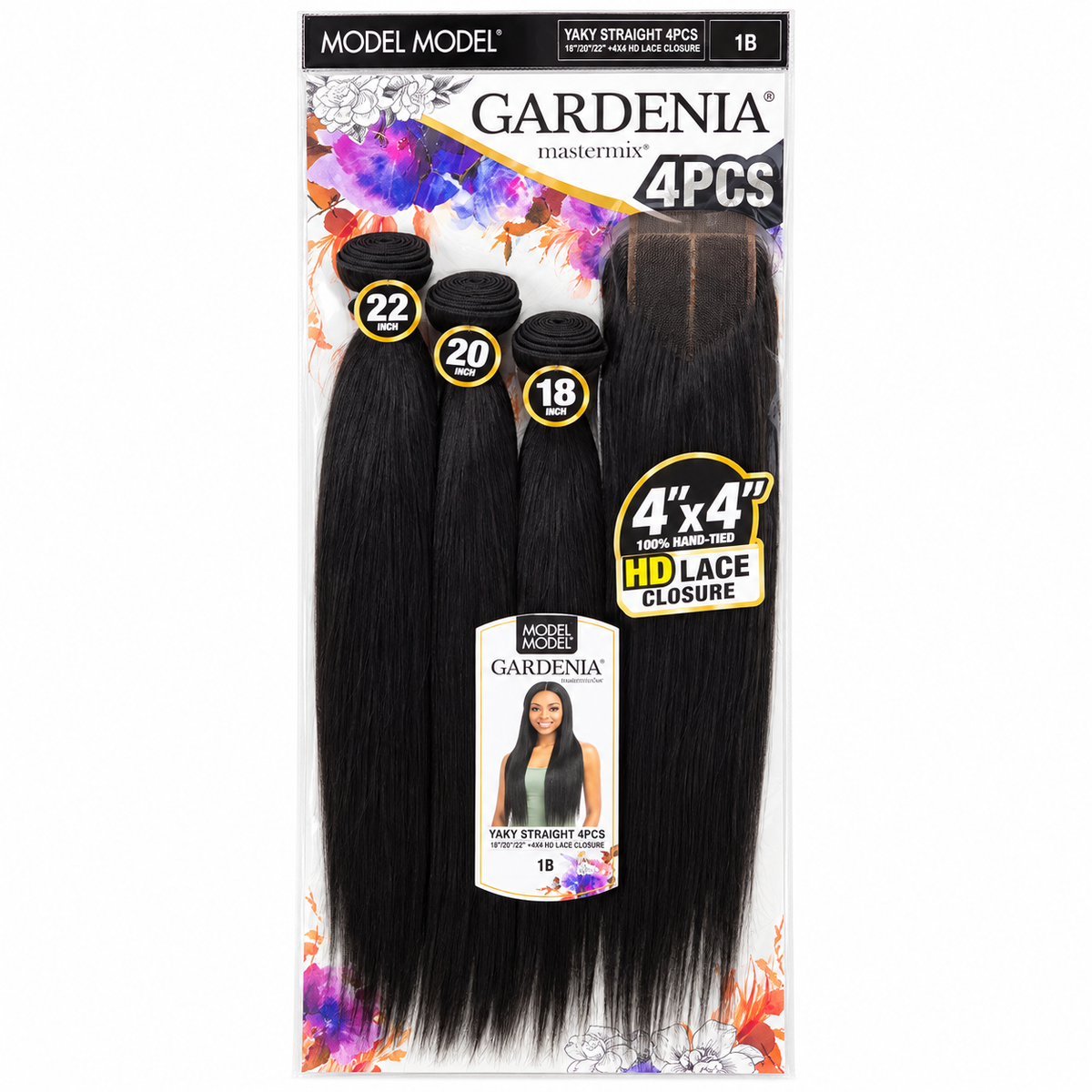 Model Model Gardenia Yaky Straight 4PCS 18/20/22 inches with 4x4 HD lace closure — full retail package in color 1B