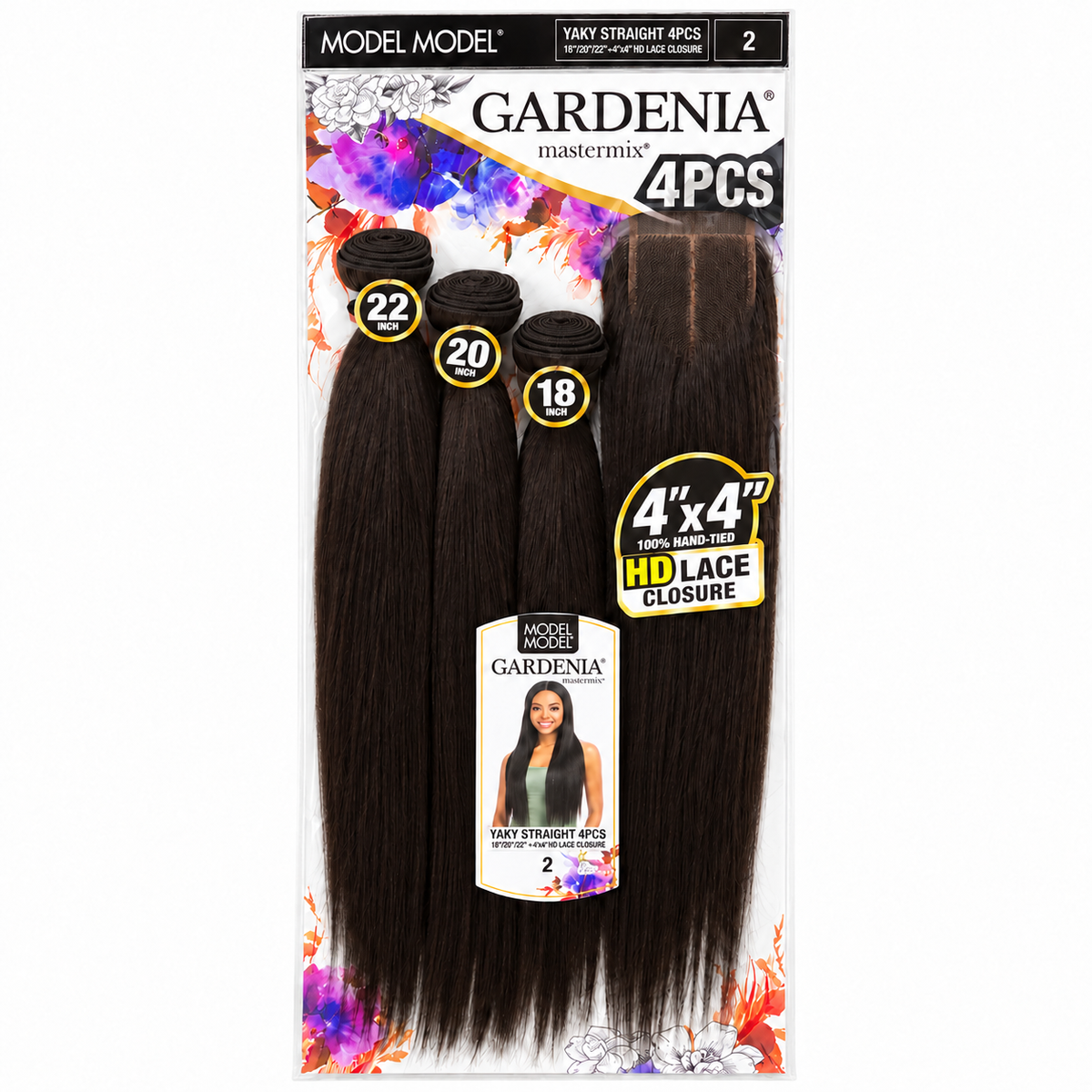 Model Model Gardenia Yaky Straight 4PCS 18/20/22 inches with 4x4 HD lace closure — full retail package in color 2