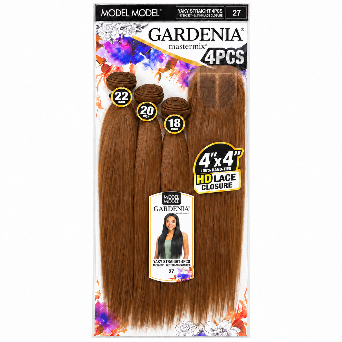 Model Model Gardenia Yaky Straight 4PCS 18/20/22 inches with 4x4 HD closure — full package in color 27