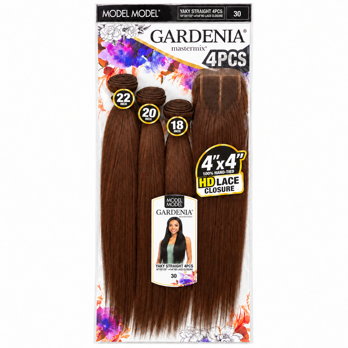 Model Model Gardenia Yaky Straight 4PCS 18/20/22 inches with 4x4 HD lace closure — full retail package in color 30
