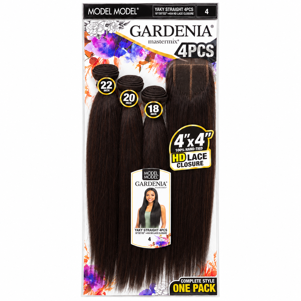 Model Model Gardenia Yaky Straight 4PCS 18/20/22 inches with 4x4 HD lace closure — full retail package in color 4