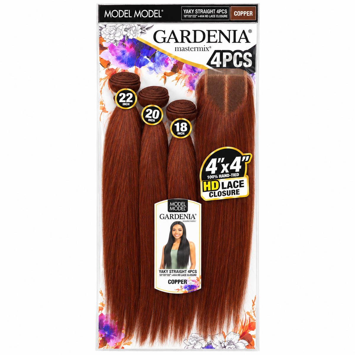 Model Model Gardenia Yaky Straight 4PCS 18/20/22 inches with 4x4 HD lace closure — full retail package in color COPPER