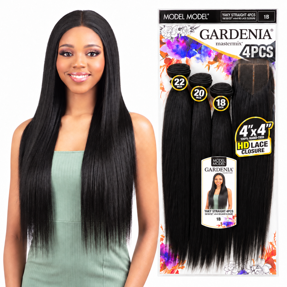 Model Model Gardenia Yaky Straight 4PCS 18/20/22 inches with 4x4 HD closure — model and full package in 1B