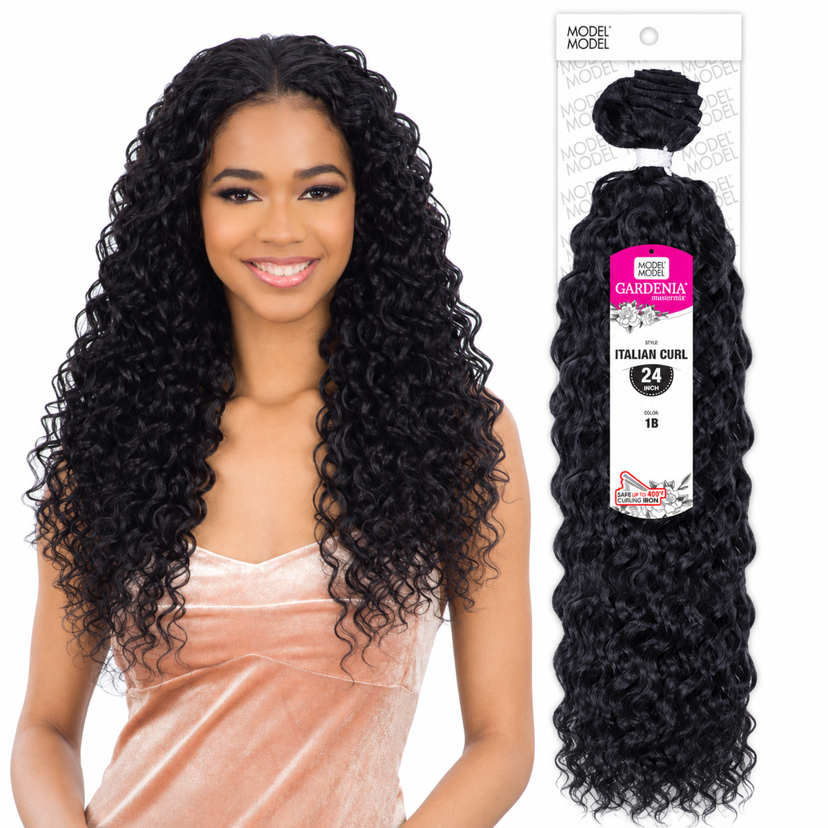 Model Model Gardenia Italian Curl Weave 24" — model beside full retail package