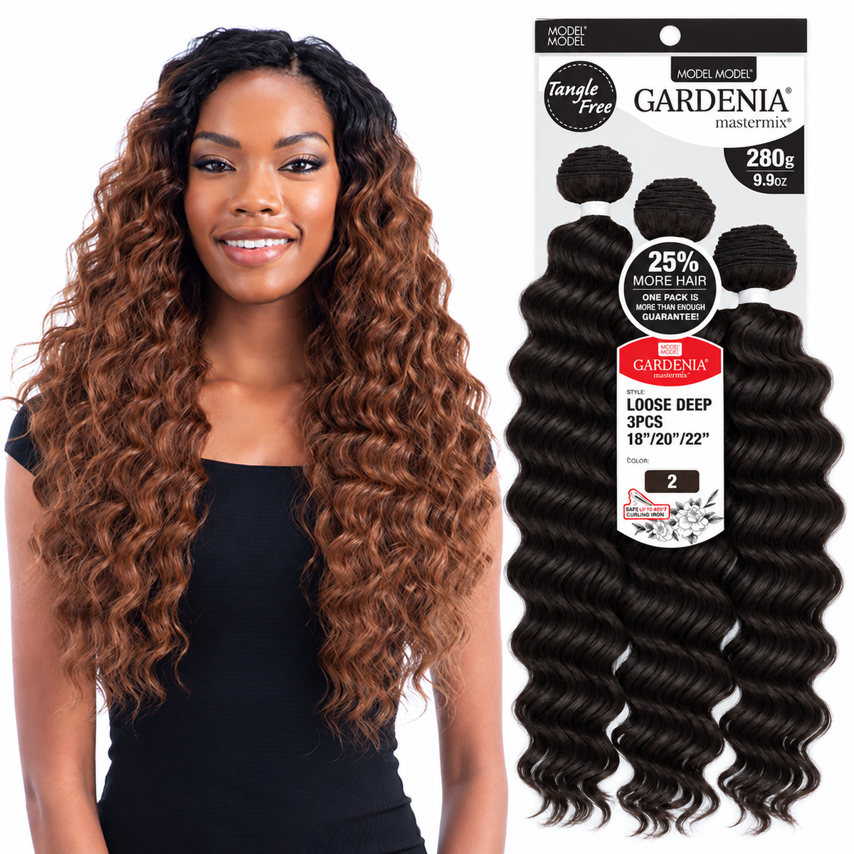 Model Model Gardenia Loose Deep 3-Piece Weave 18/20/22" — model beside full retail package