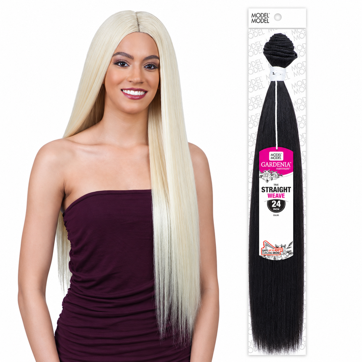 Model Model Gardenia Straight Synthetic Weave 24" — model beside full retail package