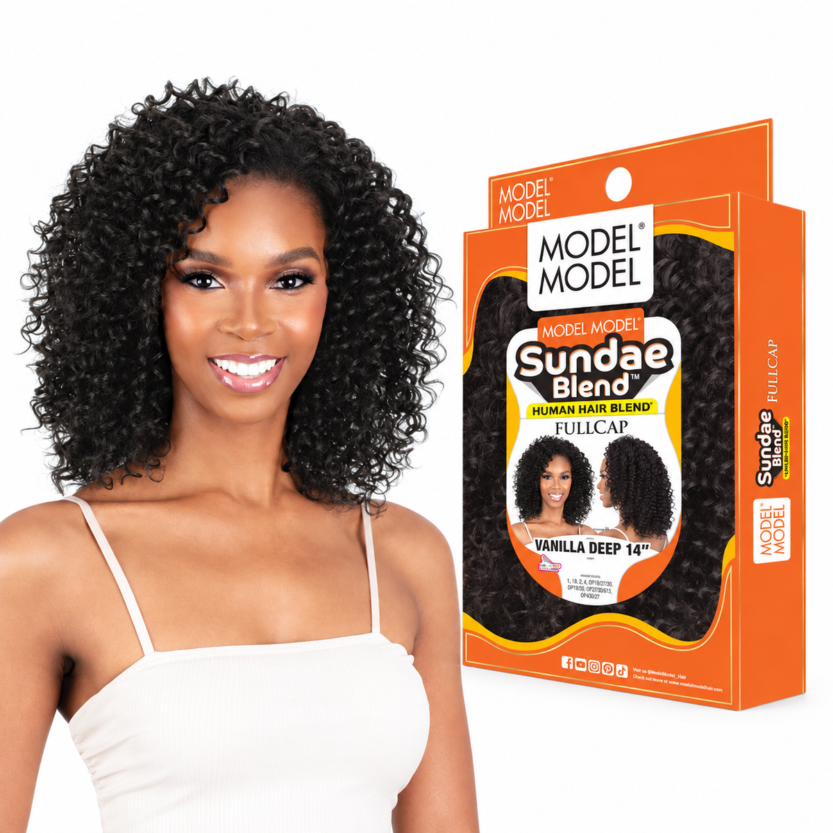 Model Model Sundae Blend Vanilla Deep Half Wig 14" — model beside full retail package