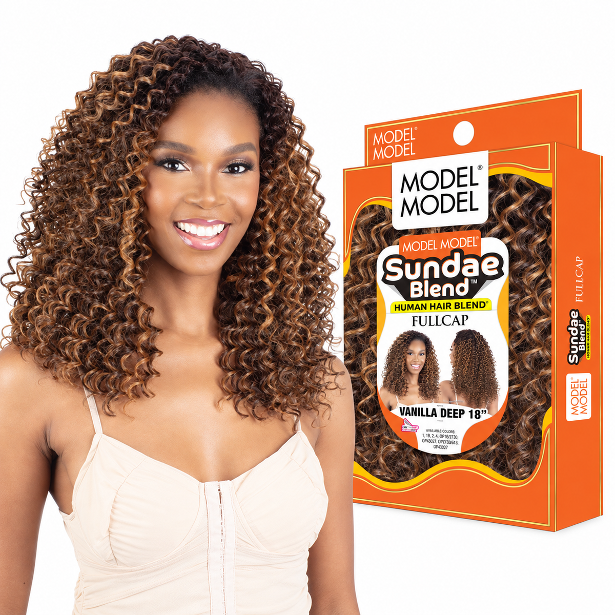 Model Model Sundae Blend Vanilla Deep Half Wig 18" — model beside full retail package