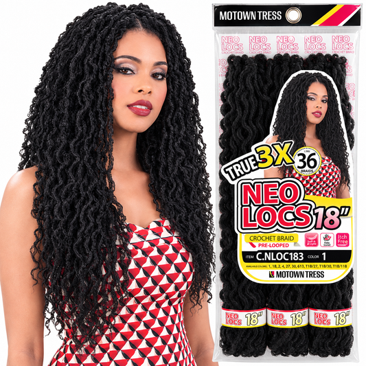 Motown Tress True 3X Neo Locs Crochet Hair 18" — model and package