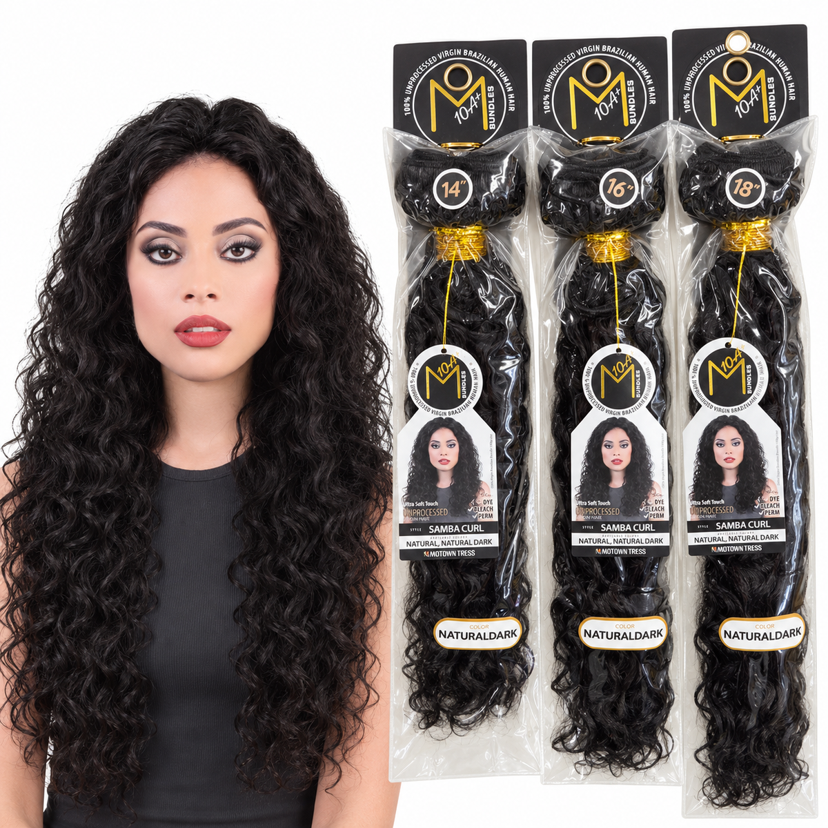 Motown Tress Samba Curl Natural Dark 14 16 18 inch bundles with model