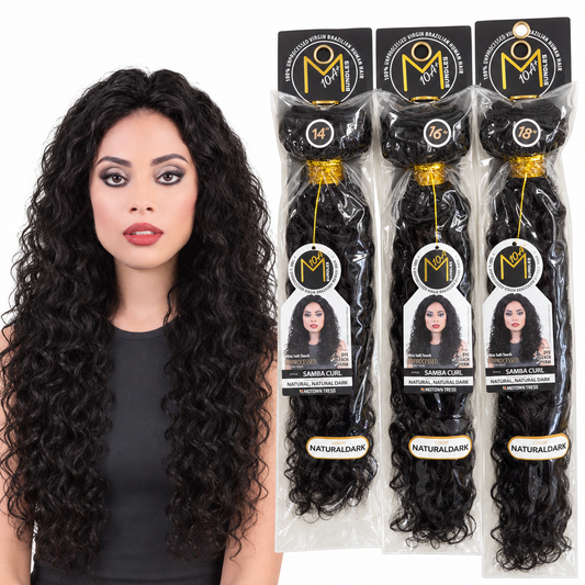 Motown Tress Samba Curl Natural Dark 14 16 18 inch bundles with model