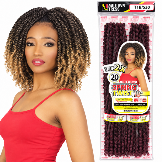 Motown Tress True 2X Pre-Styled Spring Twist Crochet Hair 18" — model and package