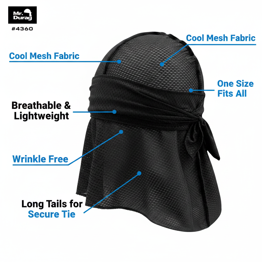 Mr. Durag Cool Mesh Durag #04360 Black breathable mesh features