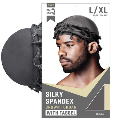 Mr. Durag Silky Spandex Crown Turban with Tassel L/XL Gray