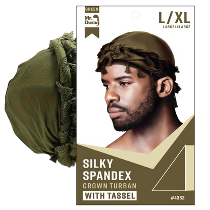 Mr. Durag Silky Spandex Crown Turban with Tassel L/XL Green
