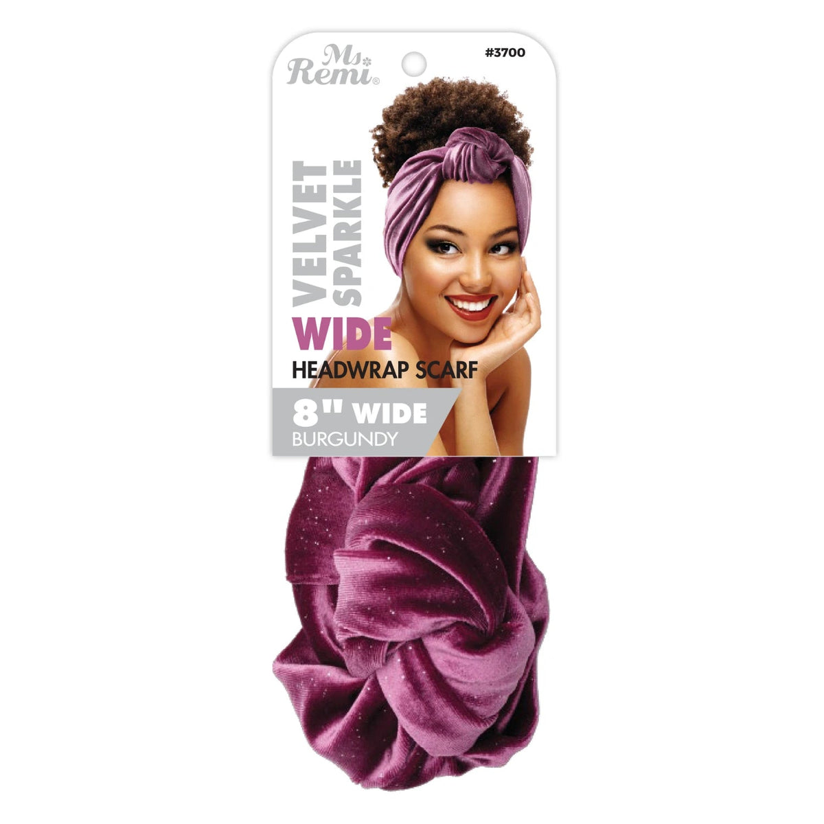 Ms. Remi 3700 Burgundy Velvet Sparkle 8-inch wide headwrap scarf front package