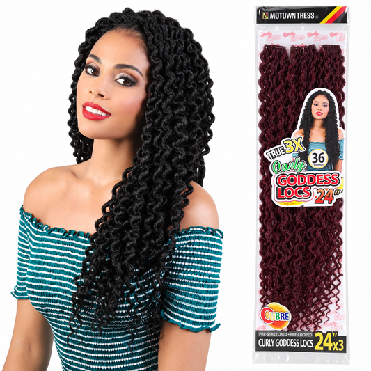 Motown Tress Curly Goddess Locs 24 inch model and T1B/118 package