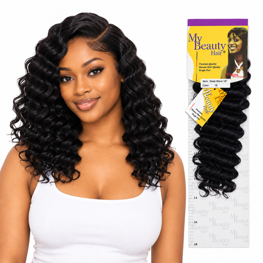 My Beauty Deep Wave - AI styling example beside full 14-inch 1B retail package