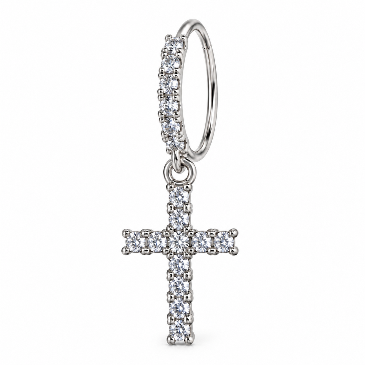 Joy Jewelry Silver Tone Cross dangling nose hoop with curved back — NDHS01