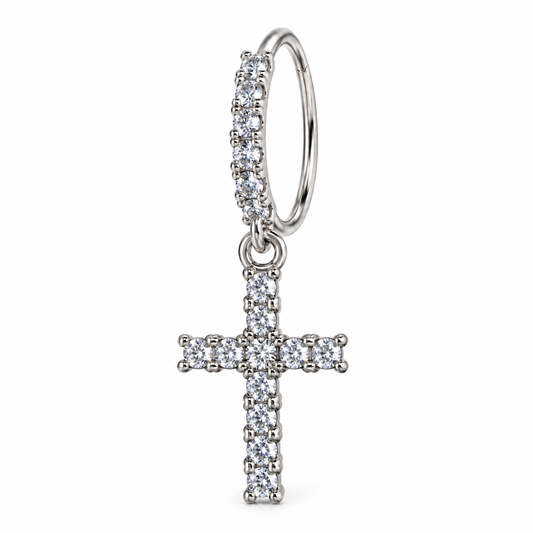 Joy Jewelry Silver Tone Cross dangling nose hoop with curved back — NDHS01