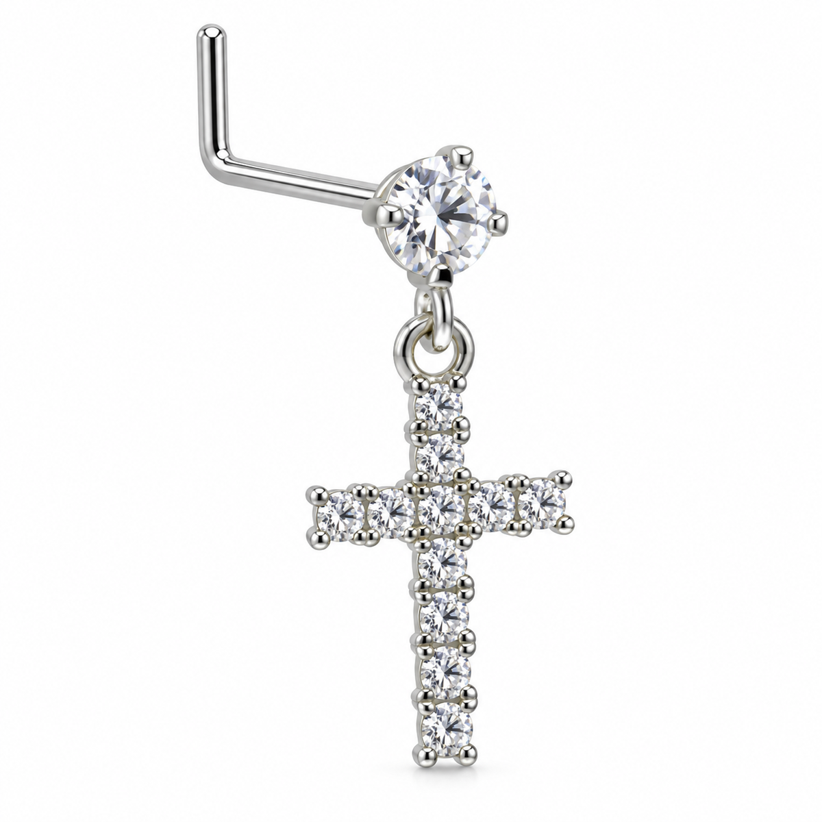 NDL01 Silver Tone Cross dangling nose stud with visible L-shaped post