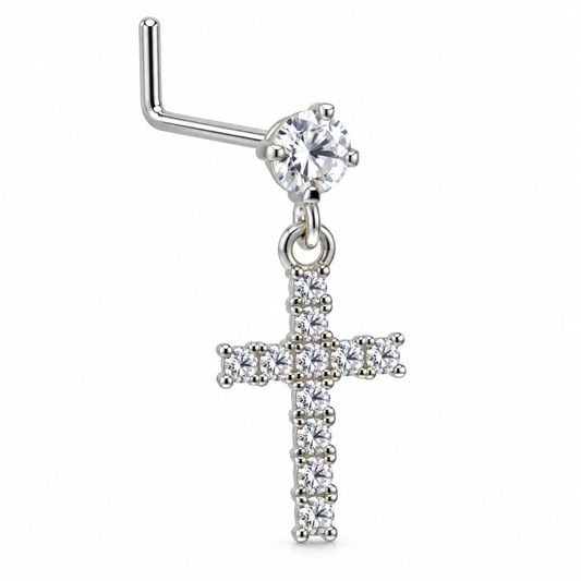 NDL01 Silver Tone Cross dangling nose stud with visible L-shaped post