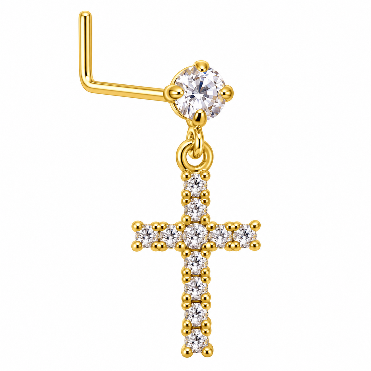 NDL02 Gold Tone Cross dangling nose stud with visible L-shaped post