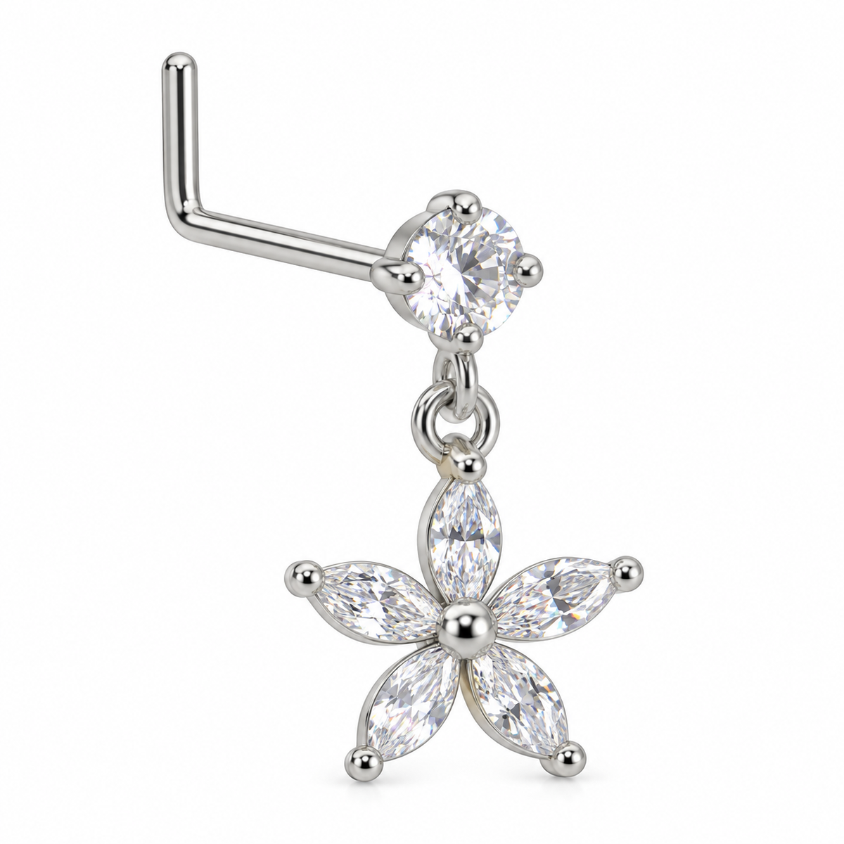 NDL03 Silver Tone Five-Petal Flower dangling nose stud with visible L-shaped post