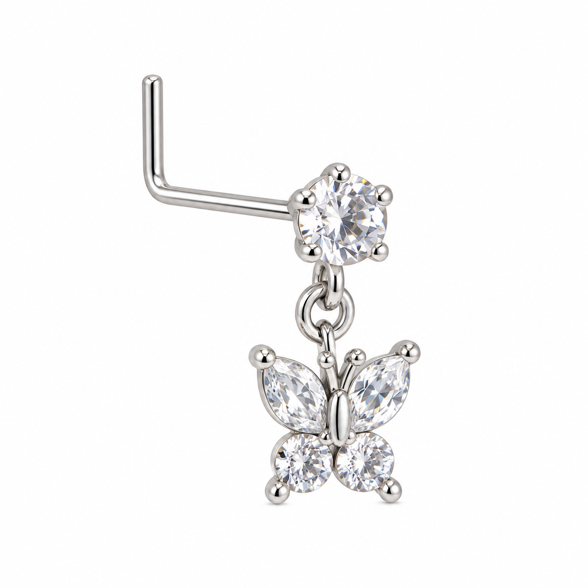 NDL07 Silver Tone Butterfly dangling nose stud with visible L-shaped post