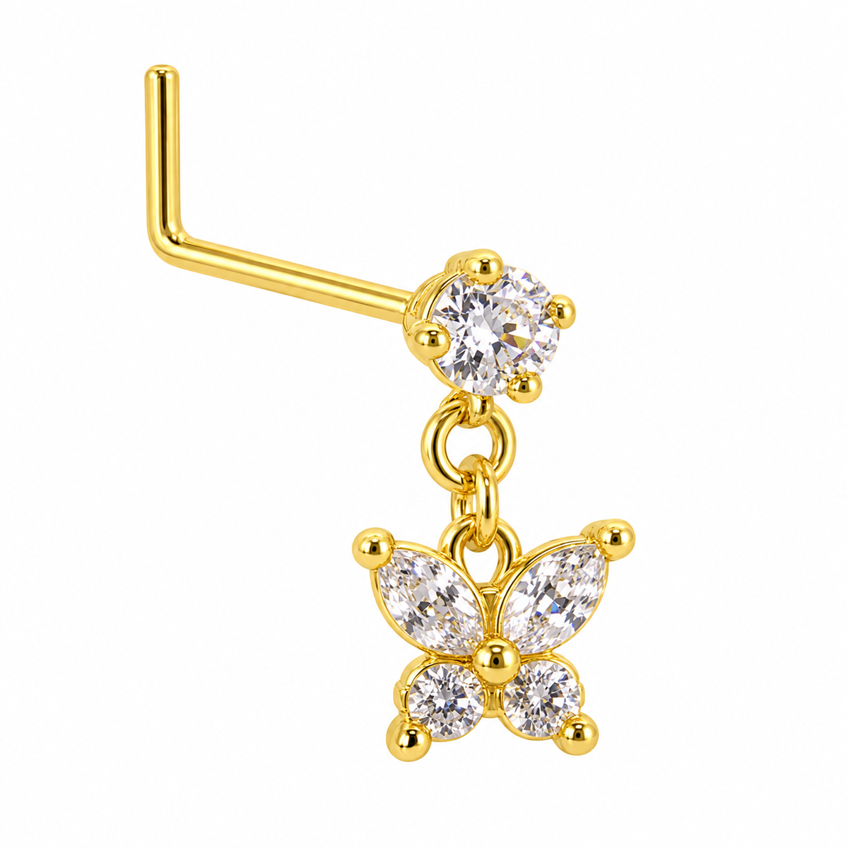 NDL08 Gold Tone Butterfly dangling nose stud with visible L-shaped post
