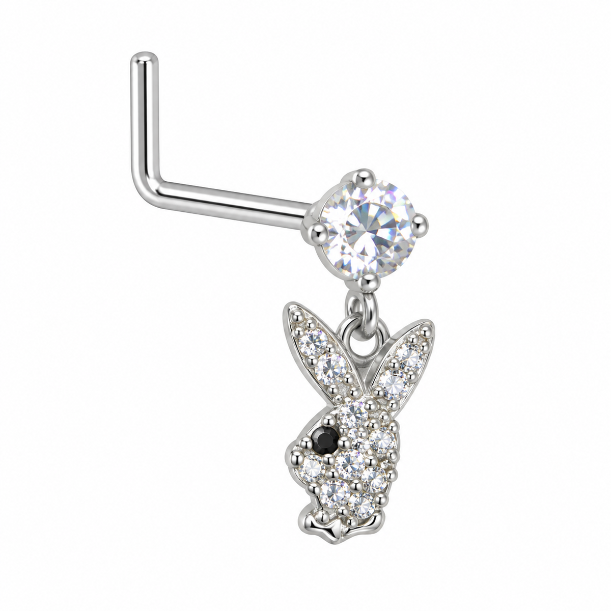 NDL09 Silver Tone Bunny dangling nose stud with visible L-shaped post