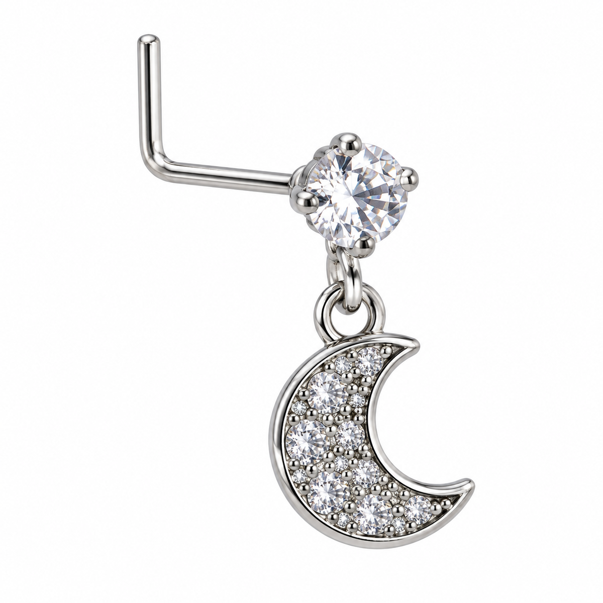 NDL11 Silver Tone Crescent Moon dangling nose stud with visible L-shaped post